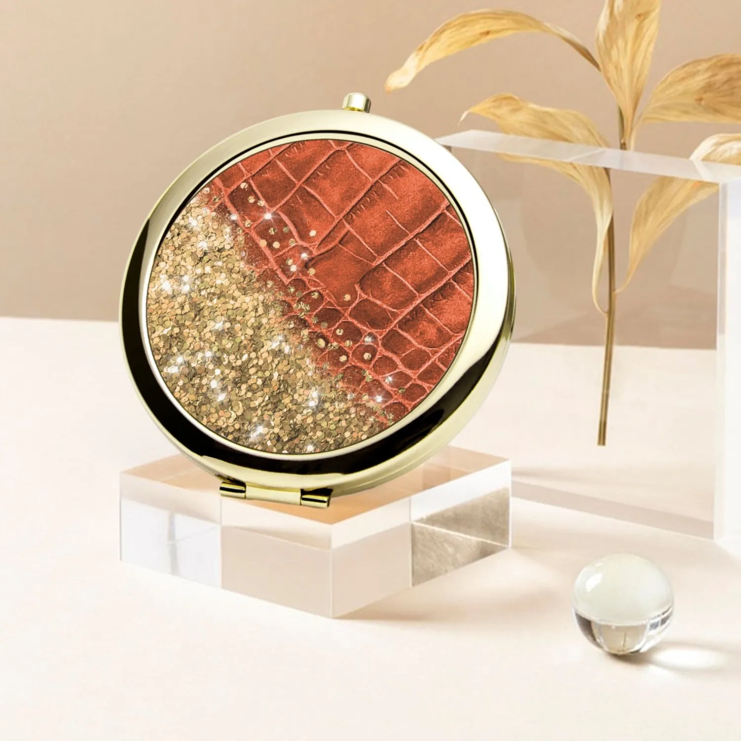 Gold Glitter & Orange Leather |  Compact Mirror
