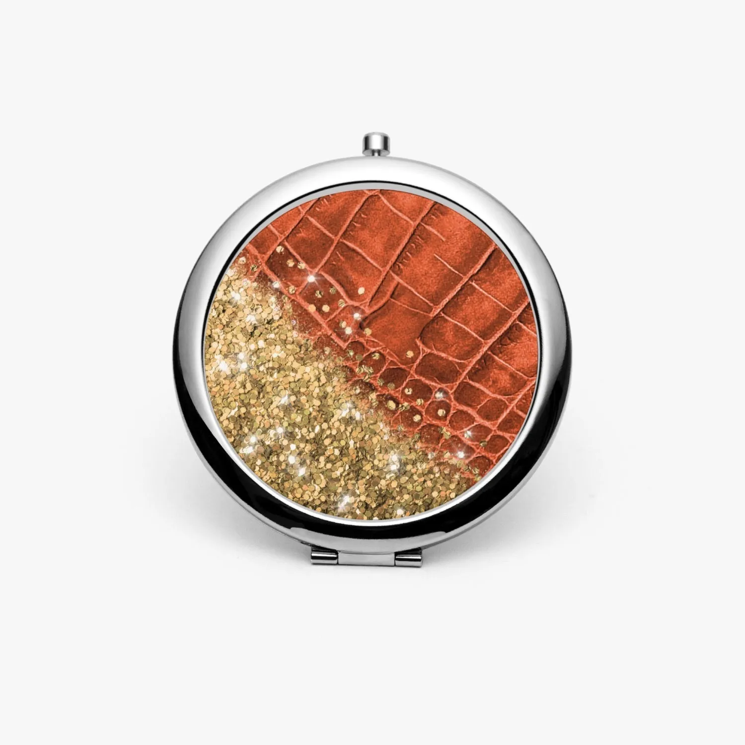 Gold Glitter & Orange Leather |  Compact Mirror