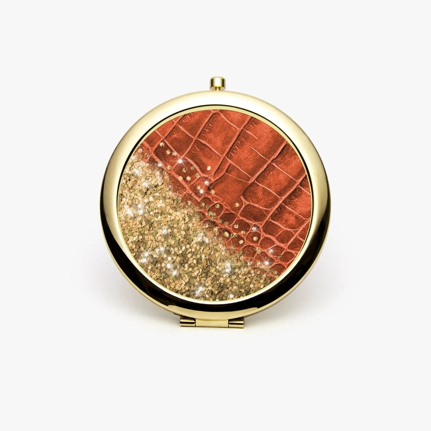 Gold Glitter & Orange Leather |  Compact Mirror