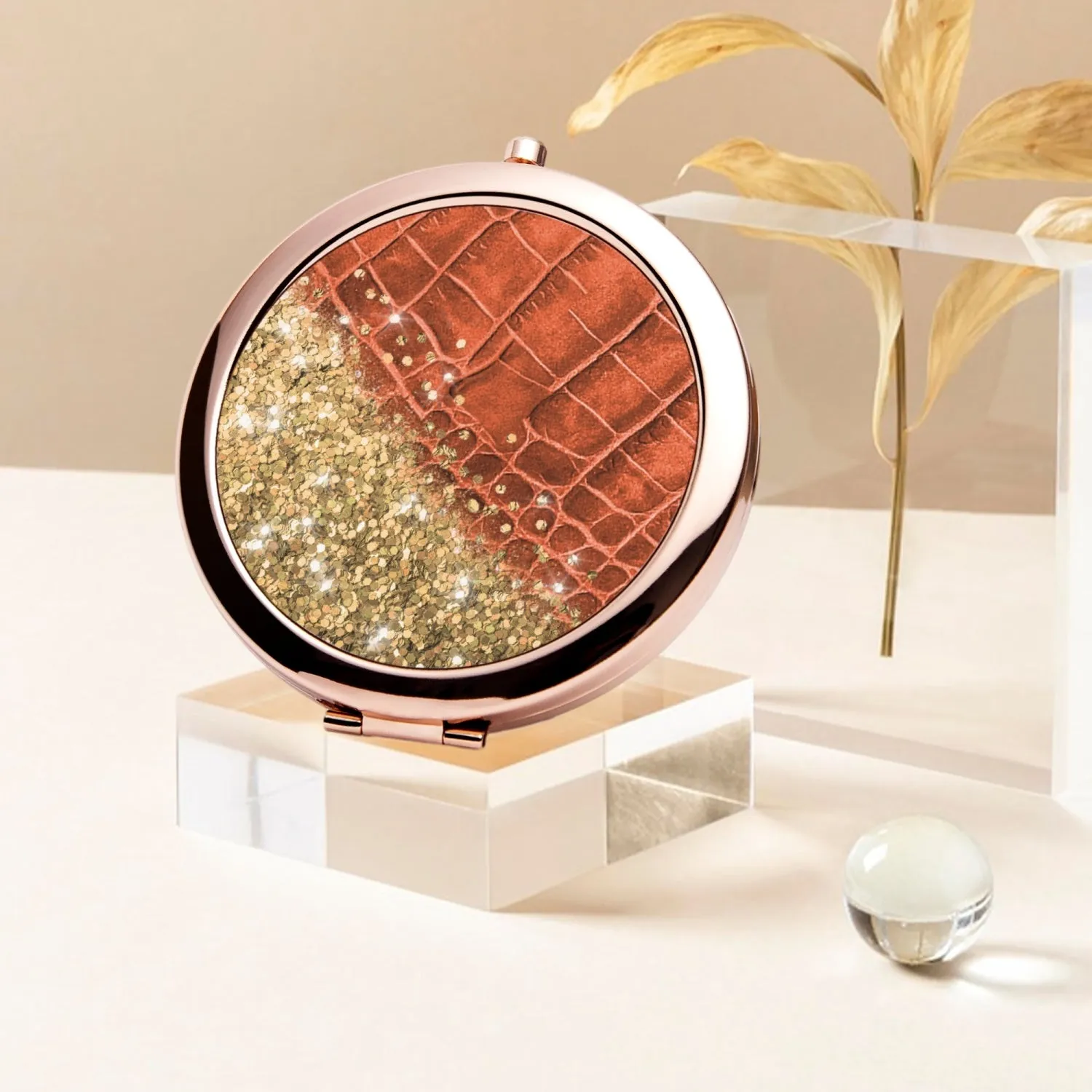 Gold Glitter & Orange Leather |  Compact Mirror