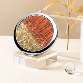 Gold Glitter & Orange Leather |  Compact Mirror