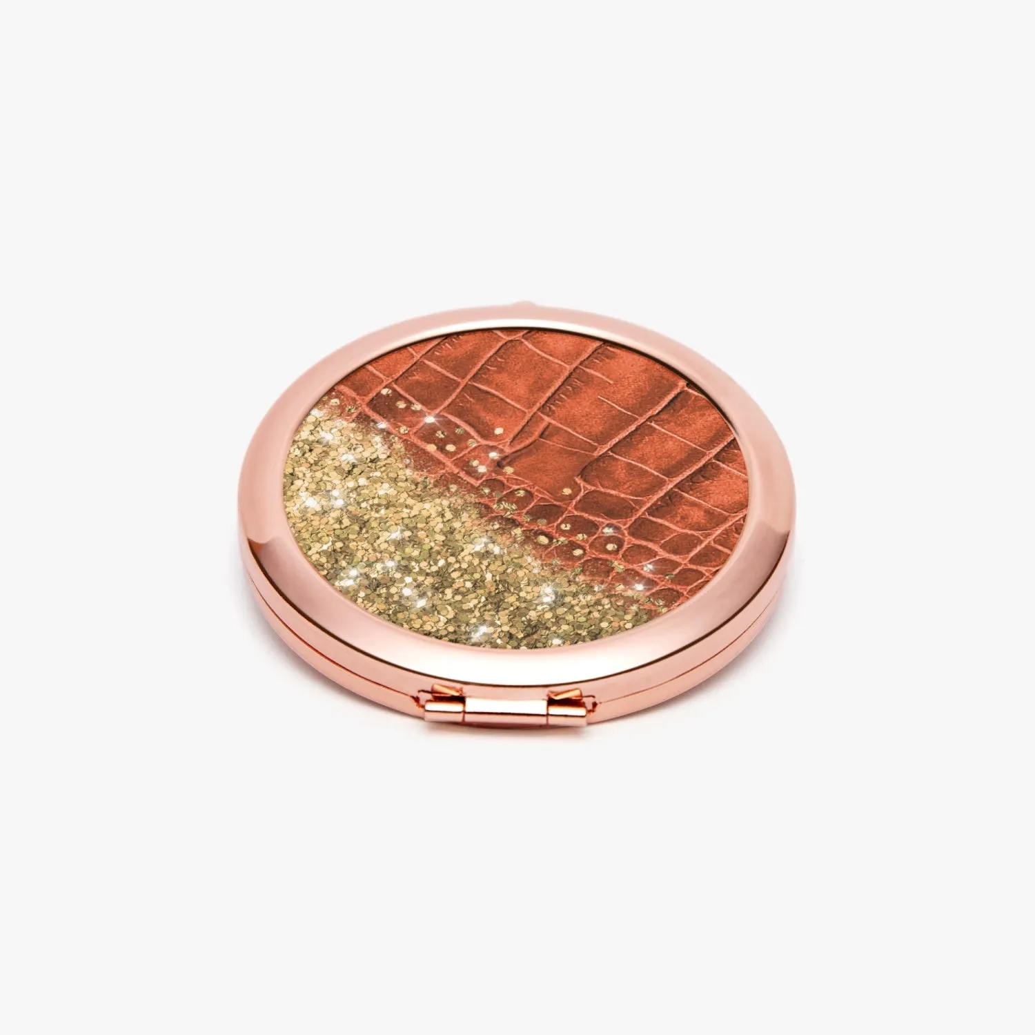 Gold Glitter & Orange Leather |  Compact Mirror