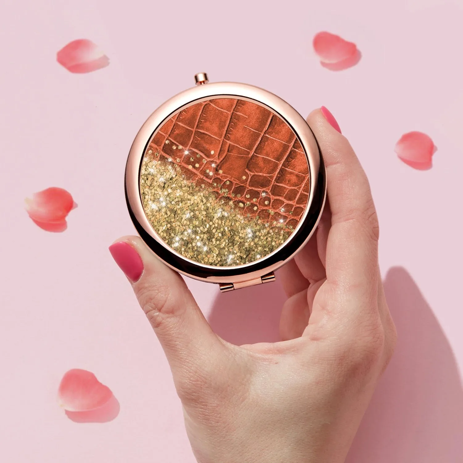Gold Glitter & Orange Leather |  Compact Mirror