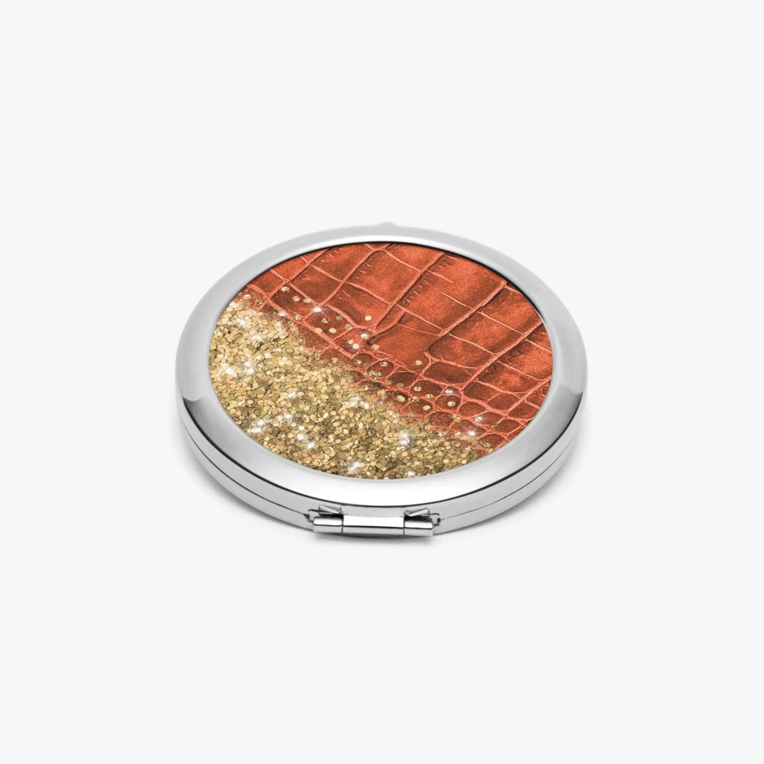 Gold Glitter & Orange Leather |  Compact Mirror