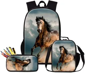 Horse Backpack and Cooler Bag for Boys Animal Print School Bookbag Girls Satchel Bagpack Pencil Case