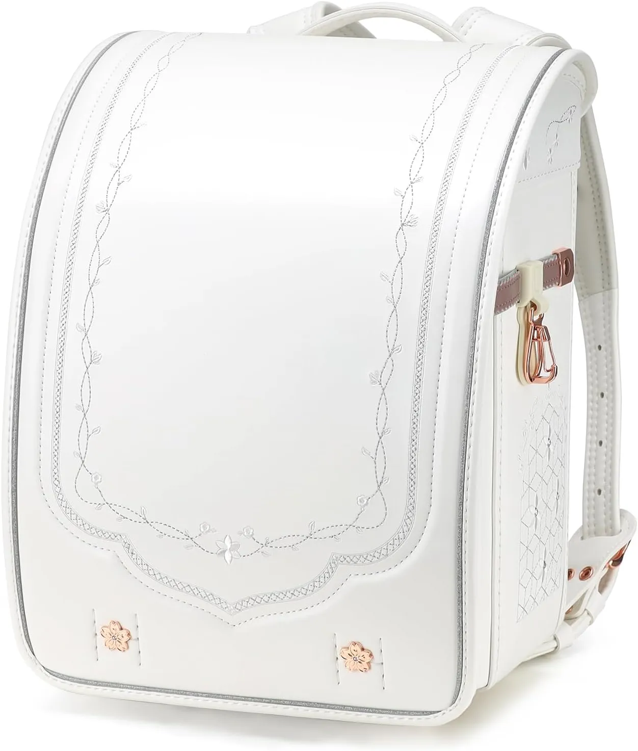 IwaiLoft Ransel Randoseru Backpack with Automatic Satchel for Girls, Japanese School Bag Embroidery PU Bookbag for Women (Morocco White)