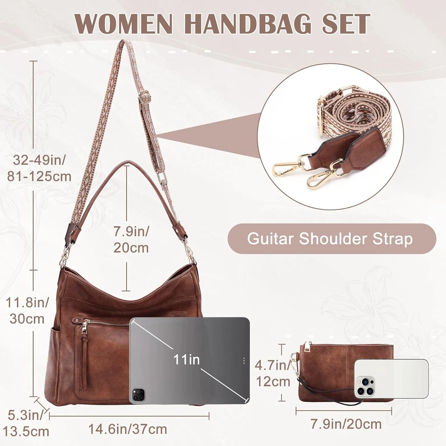 Kasqo Hobo Bags for Women,Medium Vegan Leather Handbag with Wallet Pouch Guitar Strap Crossbody Tote Purse Shoulder Bag