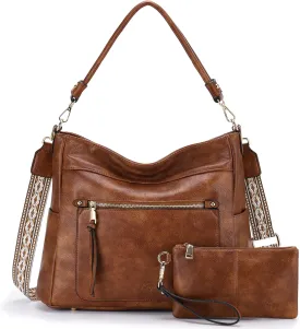Kasqo Hobo Bags for Women,Medium Vegan Leather Handbag with Wallet Pouch Guitar Strap Crossbody Tote Purse Shoulder Bag