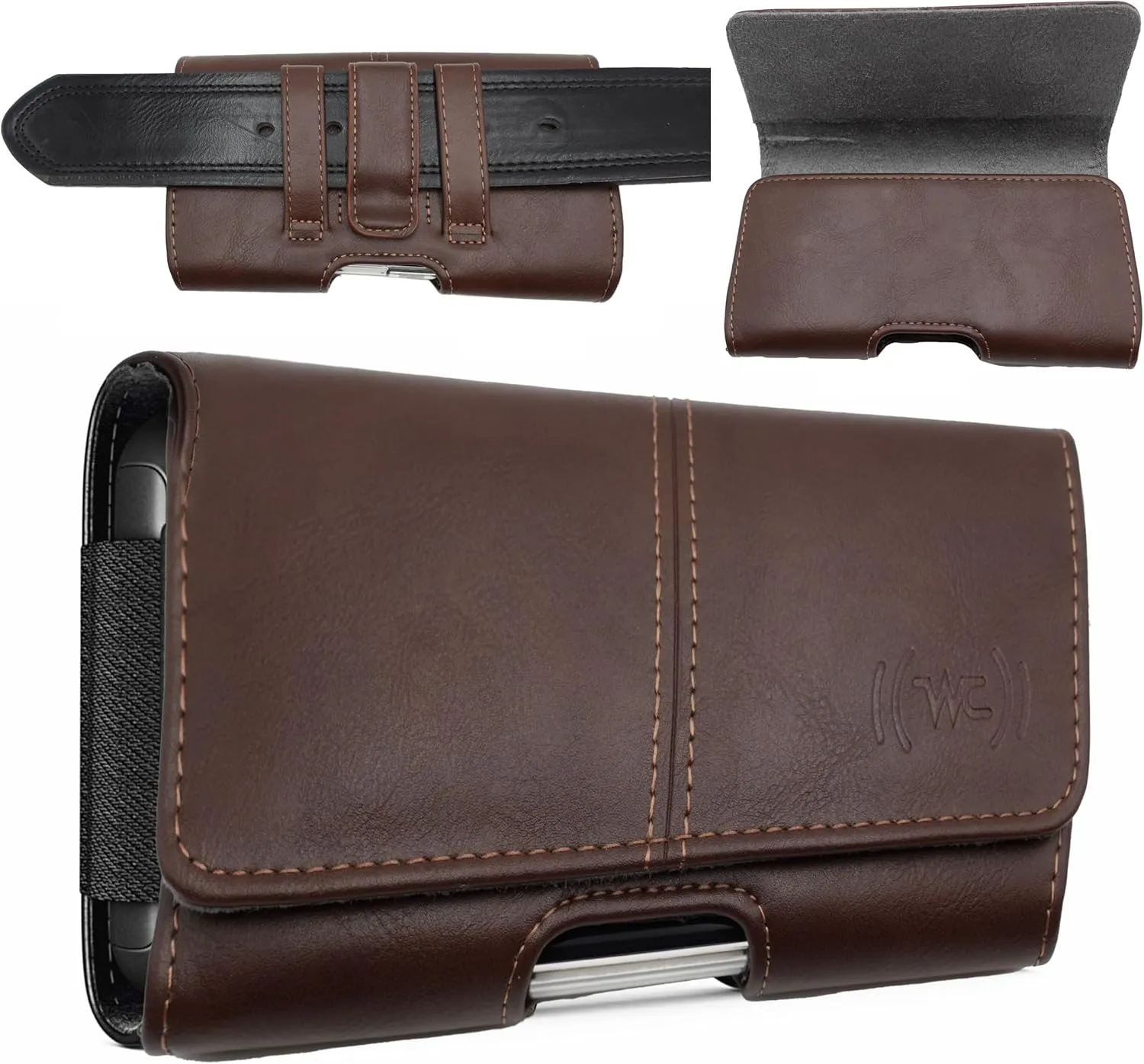 Leather Phone Holster for Men Fit to iPhone 15 Plus Horizontal Cell Phone Case for 15/14 Pro Max, Belt Case with Belt Clip Carrying Pouch Phone Holder for (Heavy-duty Case) Brown X-Large