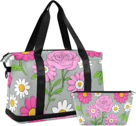Lovely Daisy Rose Floral Peach White Gym Bag Carry On Weekend Bag with Toiletry Bag for Airplane Traveling Waterproof