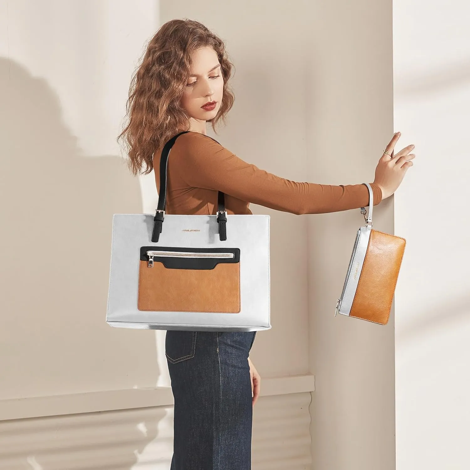 Maelstrom Leather Tote Bag, Laptop Bag for Women, Waterproof Briefcase with Clutch Bag, Work Handbags 15.6 Inch Computer