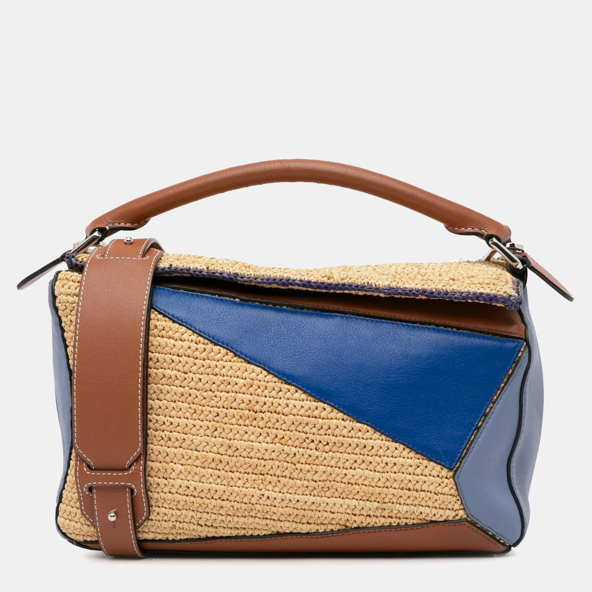 Medium Multicolor Leather and Raffia Puzzle Satchel Bag