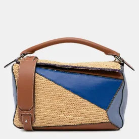 Medium Multicolor Leather and Raffia Puzzle Satchel Bag