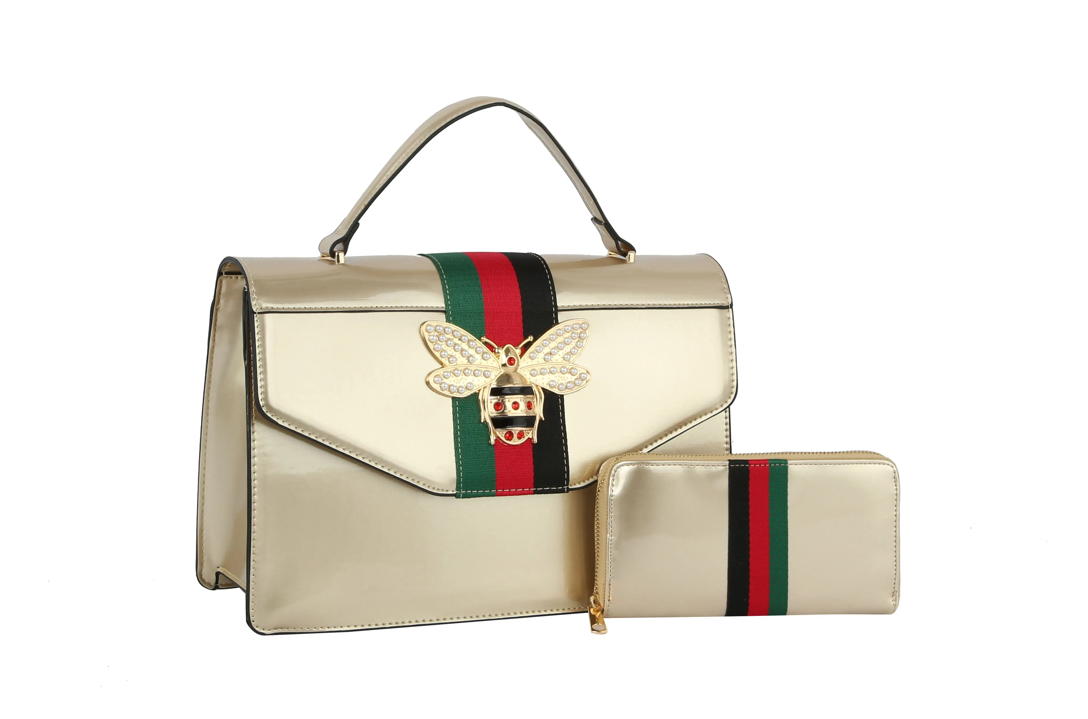 Metallic Monogrammed Queen Bee Stripe 2-in-1 Boxy Satchel PMTD-0009W