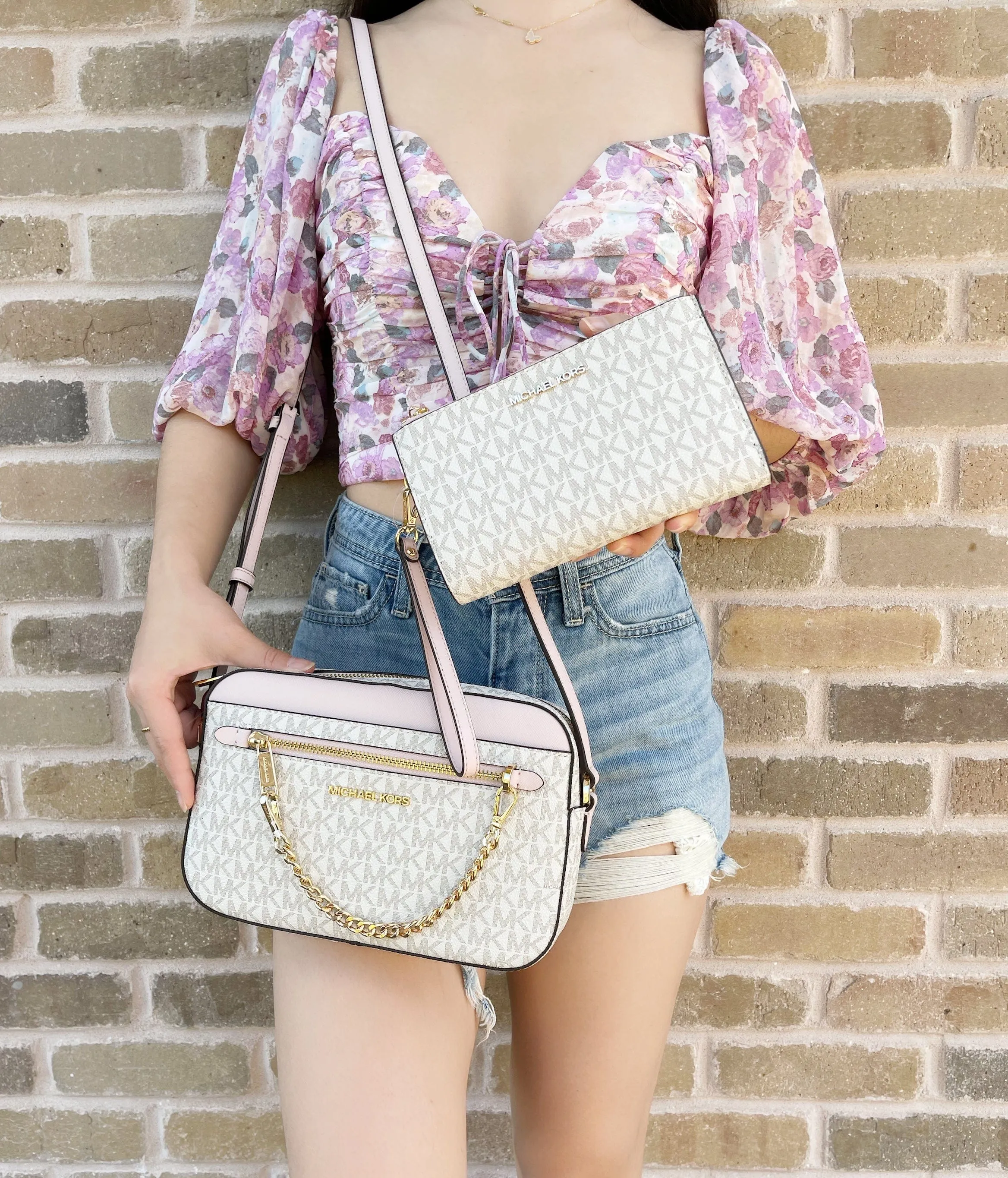 Michael Kors Jet Set Chain Crossbody Vanilla MK Blush Pink   Double Zip Wristlet