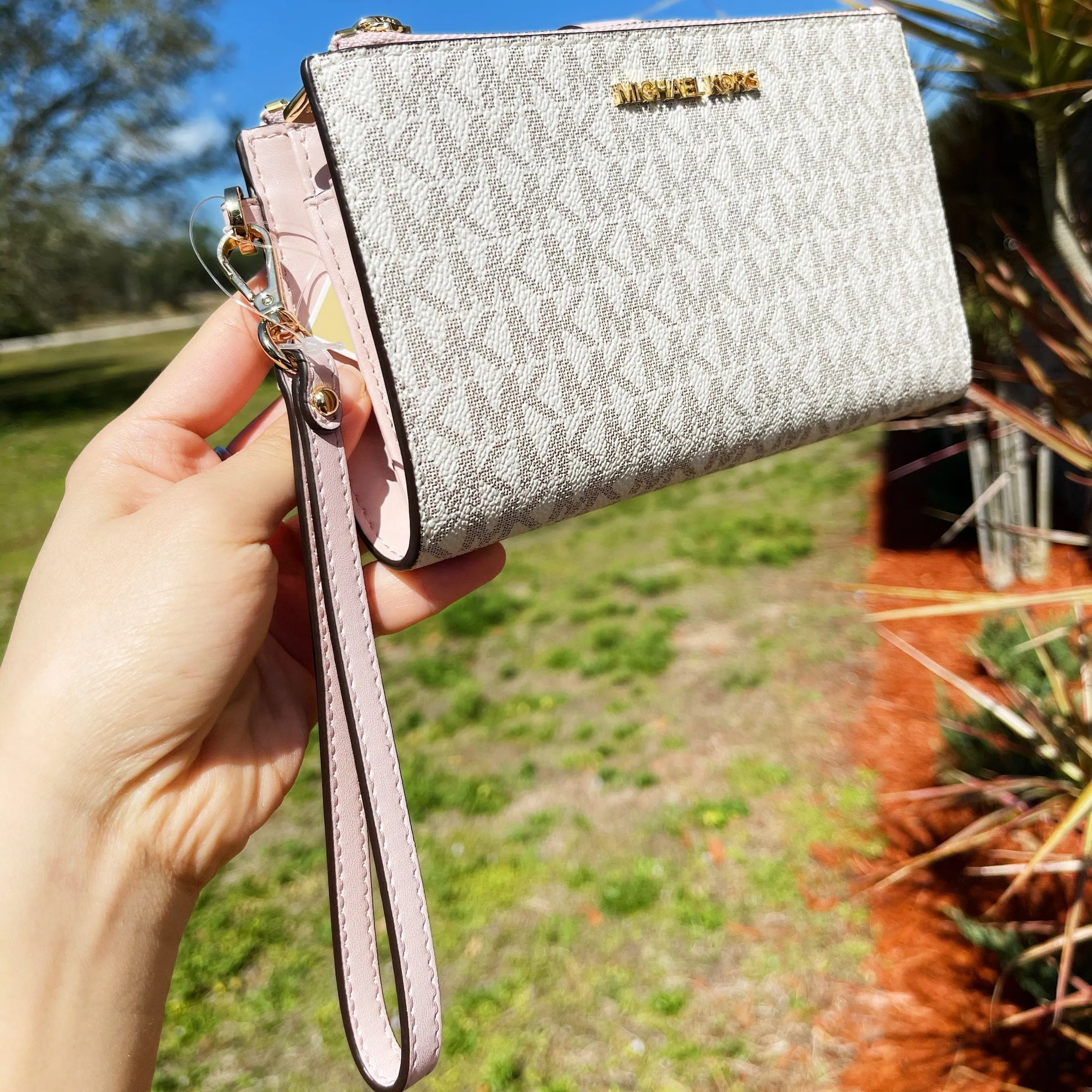 Michael Kors Jet Set Chain Crossbody Vanilla MK Blush Pink   Double Zip Wristlet