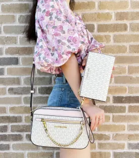 Michael Kors Jet Set Chain Crossbody Vanilla MK Blush Pink   Double Zip Wristlet