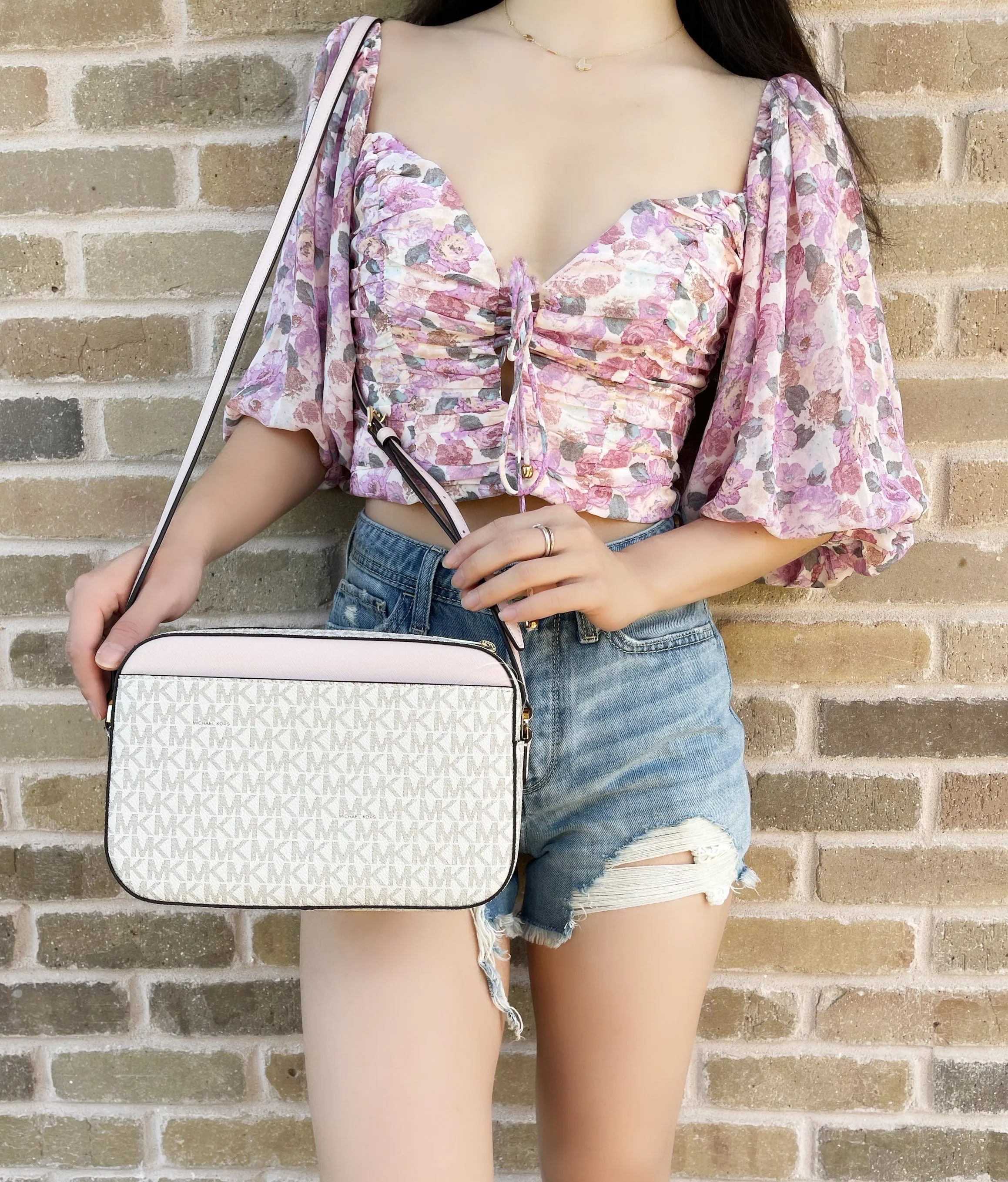 Michael Kors Jet Set Chain Crossbody Vanilla MK Blush Pink   Double Zip Wristlet