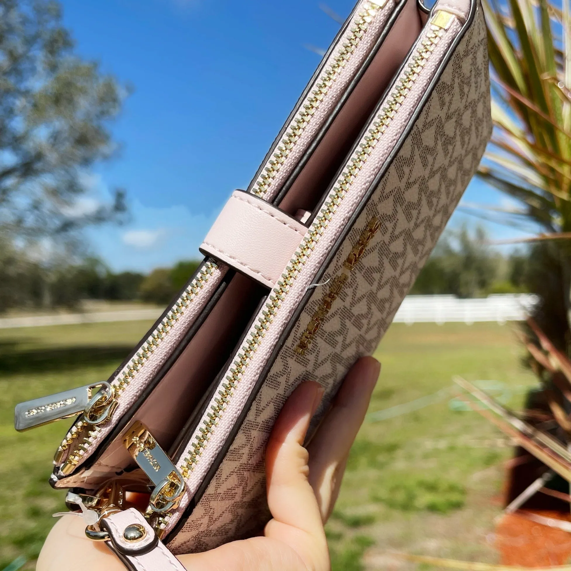 Michael Kors Jet Set Chain Crossbody Vanilla MK Blush Pink   Double Zip Wristlet