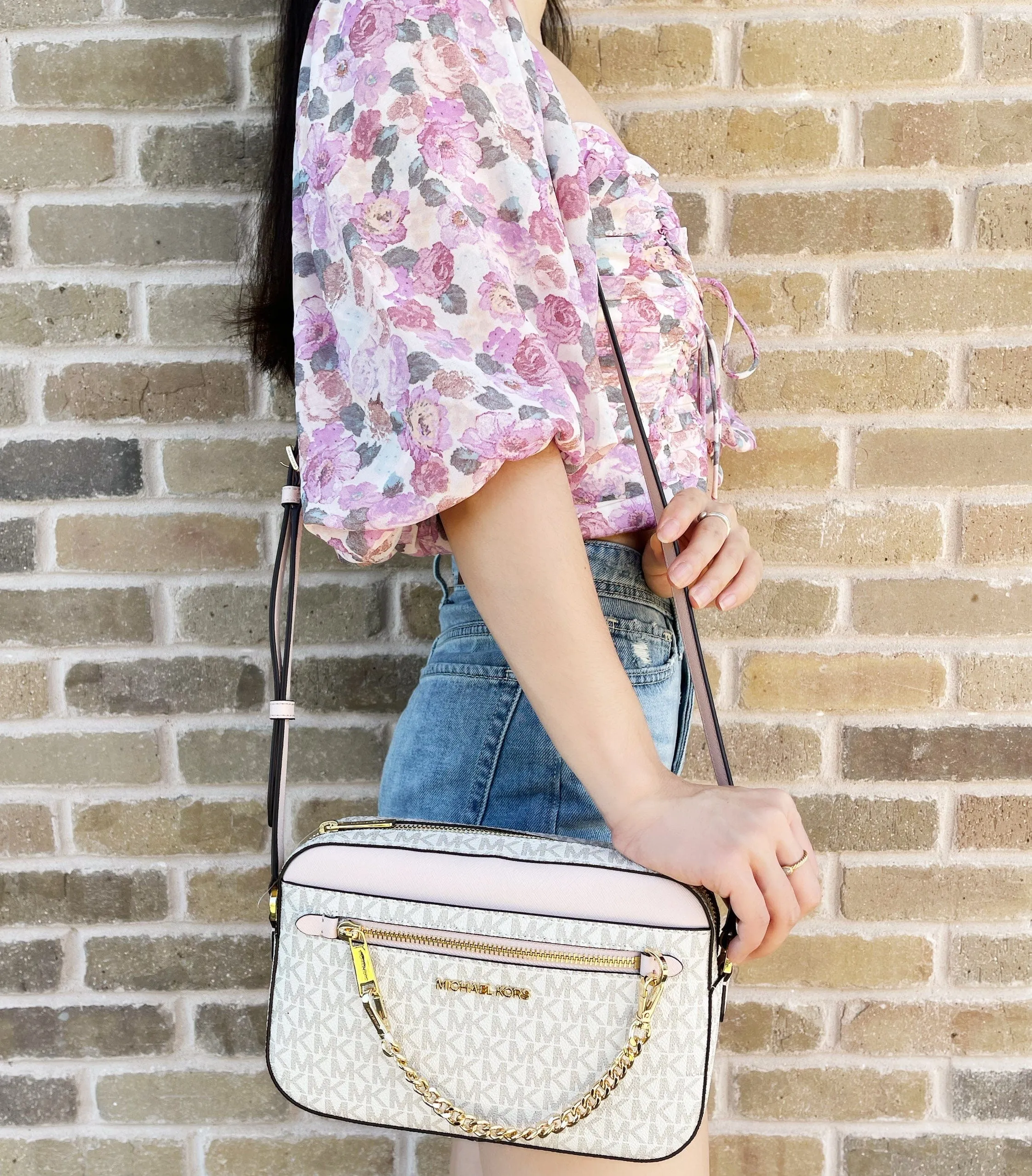 Michael Kors Jet Set Chain Crossbody Vanilla MK Blush Pink   Double Zip Wristlet