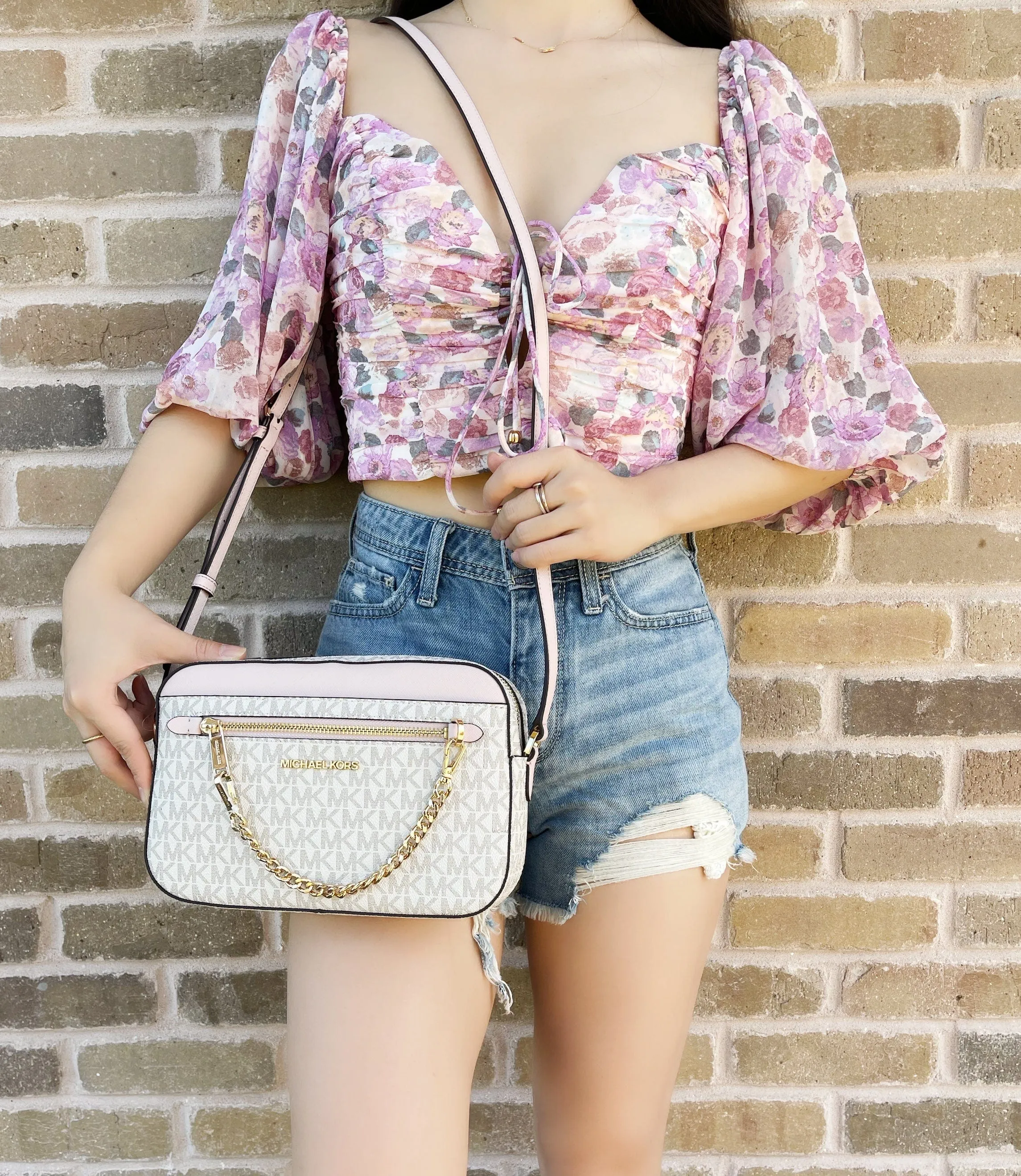 Michael Kors Jet Set Chain Crossbody Vanilla MK Blush Pink   Double Zip Wristlet