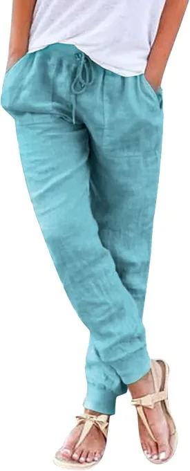 PTOLOCIF Women's Cotton Linen Pants High Waist Drawstring Pants Loose Fit Summer Flowy Boho Pant Trousers with Side Pockets