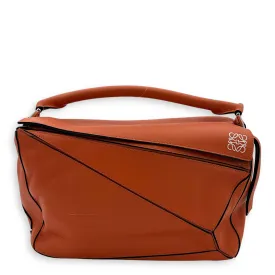 Puzzle Medium Orange Top Handle Bag in Calfskin, Silver hardware