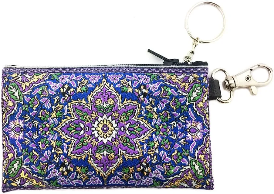 Religious Gifts Tapestry Cloth Keychain Rosary Coin Change Case Pouch Purse Purple Blue 4 3/4 Inch