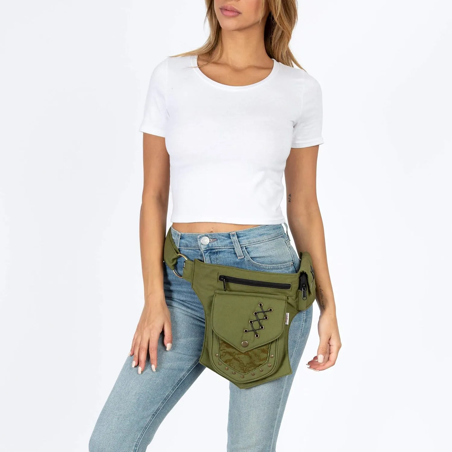 Renaissance Faire Festival Lace Fannypack Waistbag Cotton Utility Hip Belt- Sage -One Size