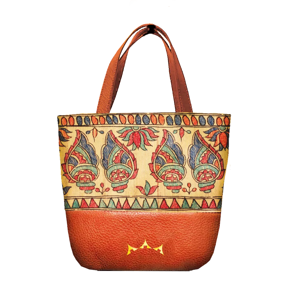Shankh Madhubani Mini Tote with Sling - Tan Brown