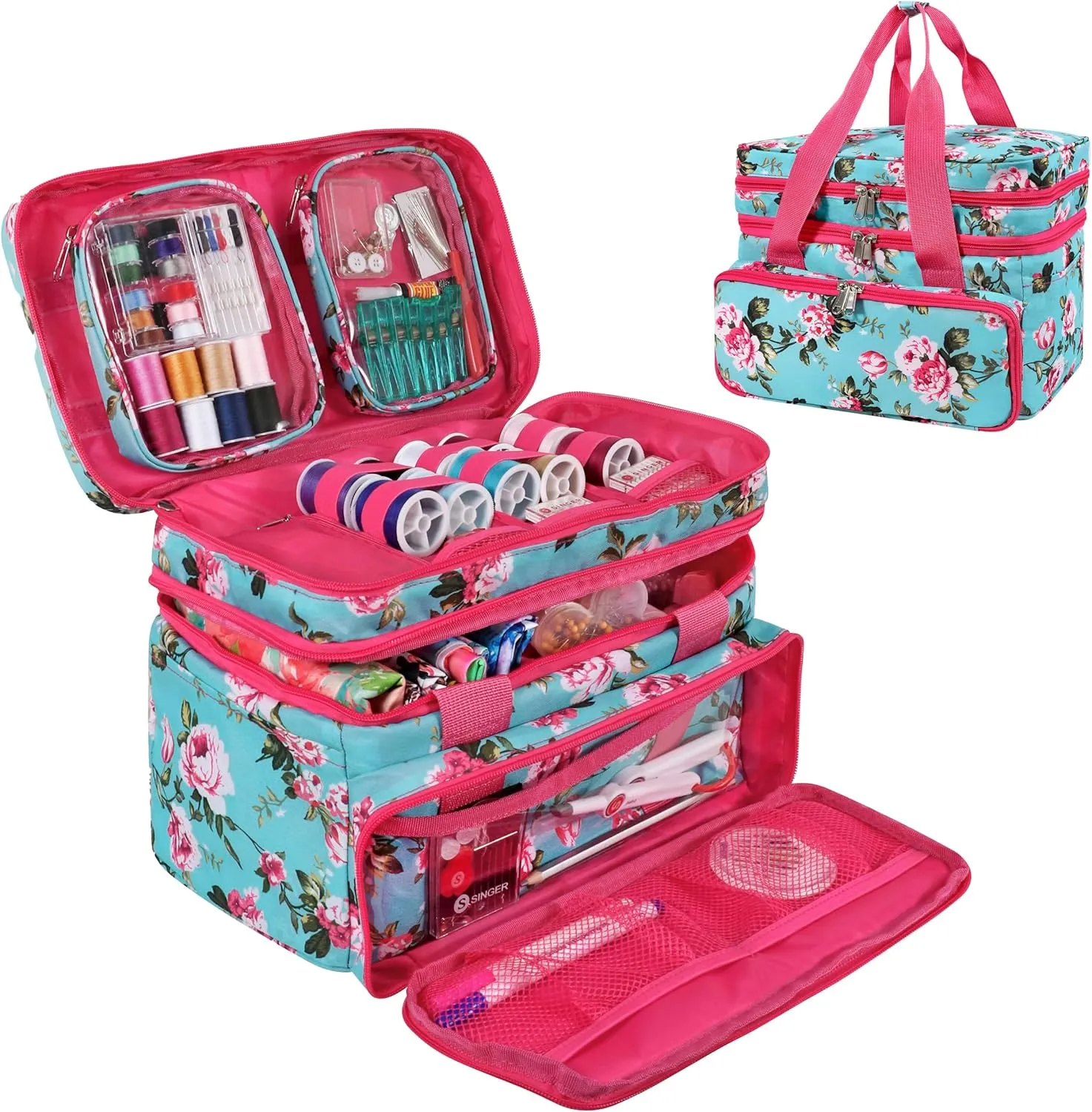 SINGER Sewing Accessories Organizer (Bag Only)  Double Layer Portable Sewing Storage Bag | 2 Detachable Pouches and 18 Compartments, Large Sewing Supplies & Crafting Carry-All (Turquoise Floral)