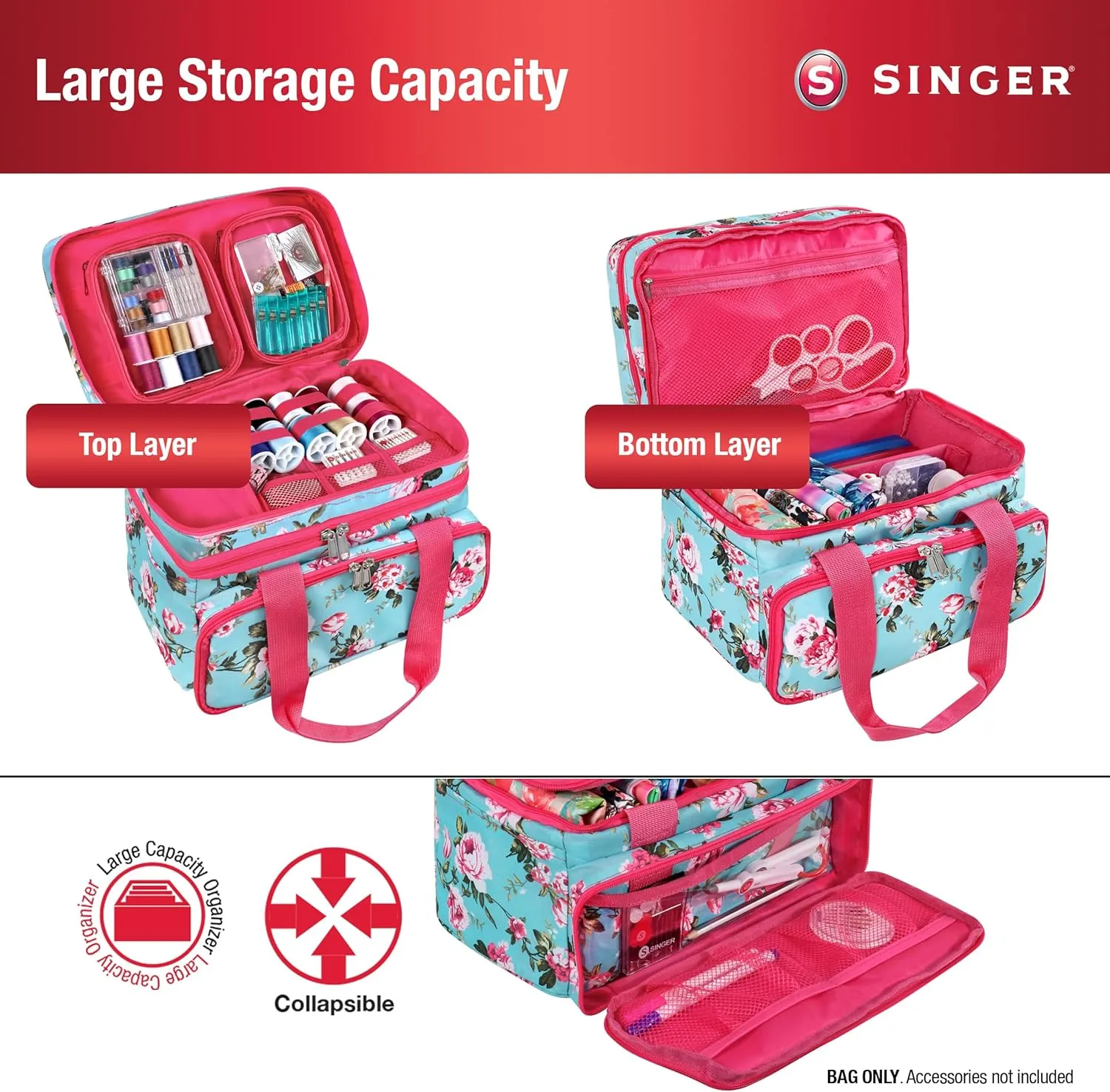 SINGER Sewing Accessories Organizer (Bag Only)  Double Layer Portable Sewing Storage Bag | 2 Detachable Pouches and 18 Compartments, Large Sewing Supplies & Crafting Carry-All (Turquoise Floral)