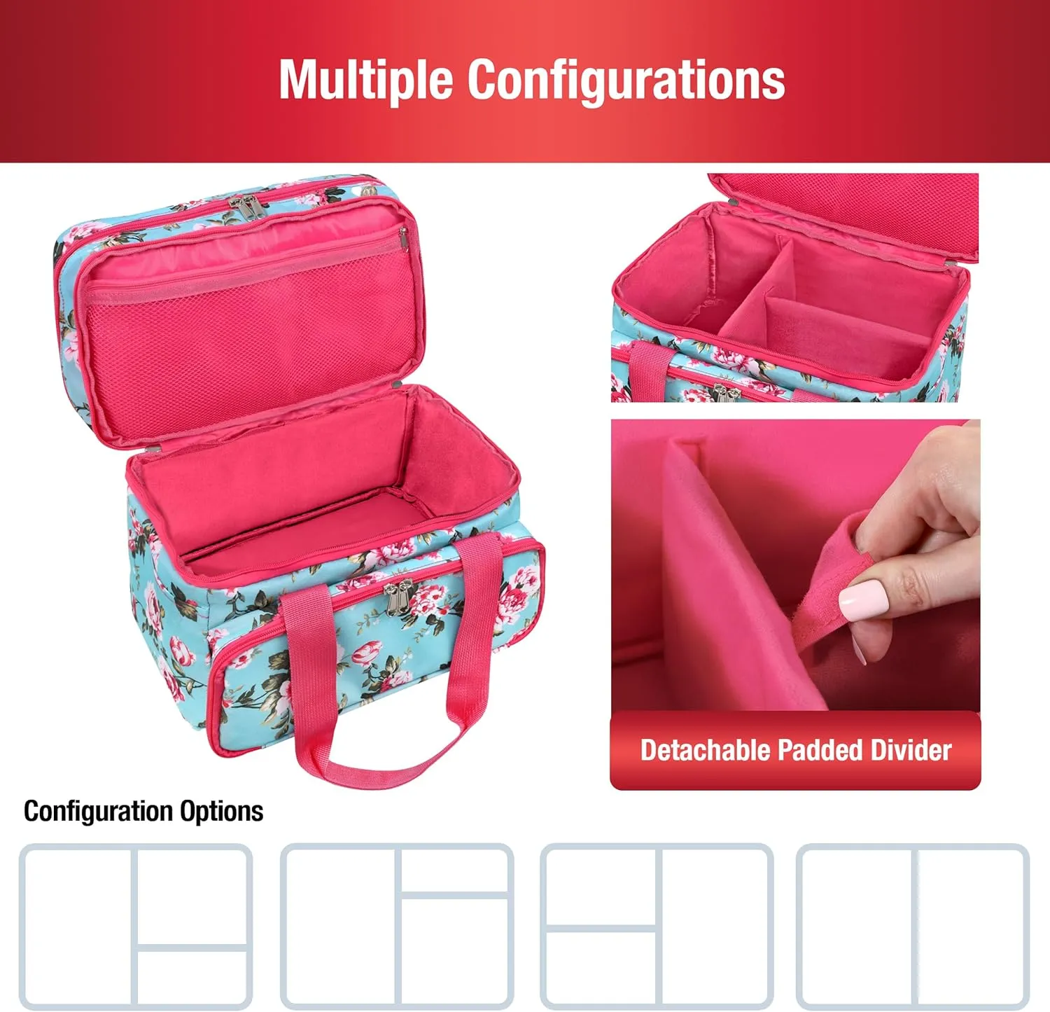 SINGER Sewing Accessories Organizer (Bag Only)  Double Layer Portable Sewing Storage Bag | 2 Detachable Pouches and 18 Compartments, Large Sewing Supplies & Crafting Carry-All (Turquoise Floral)