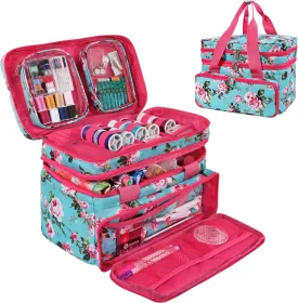 SINGER Sewing Accessories Organizer (Bag Only)  Double Layer Portable Sewing Storage Bag | 2 Detachable Pouches and 18 Compartments, Large Sewing Supplies & Crafting Carry-All (Turquoise Floral)