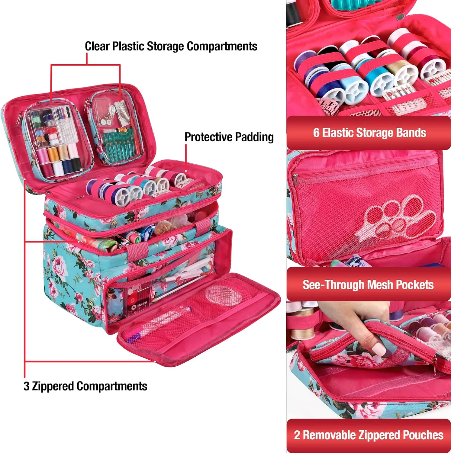 SINGER Sewing Accessories Organizer (Bag Only)  Double Layer Portable Sewing Storage Bag | 2 Detachable Pouches and 18 Compartments, Large Sewing Supplies & Crafting Carry-All (Turquoise Floral)