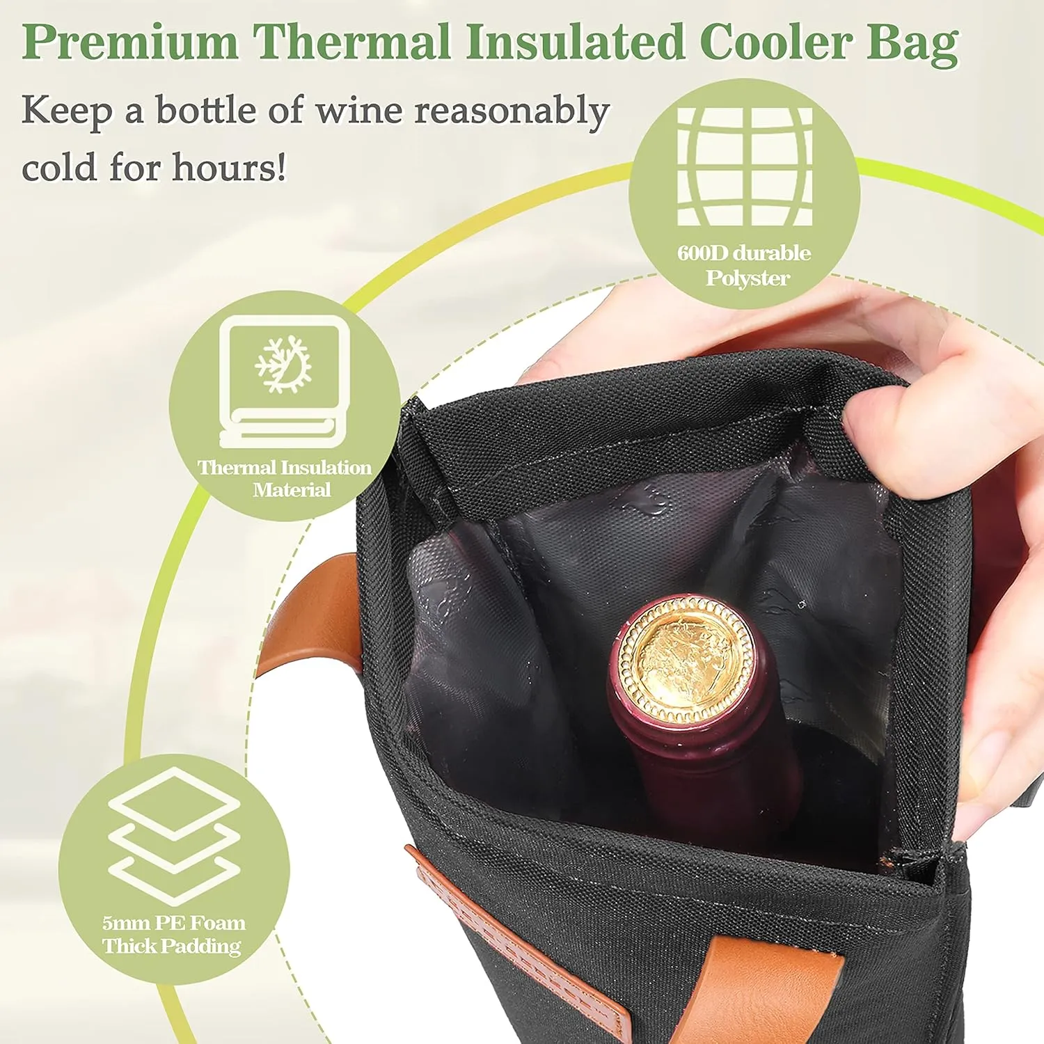 Tirrinia Single Wine Carrier Tote, Insulated Wine Cooler Bag for Travel, Picnic, & Wine Gifts  Thermal Padded Wine Bottle Holder Tote for Men & Women, Wine Gift for Wine Lovers,Black