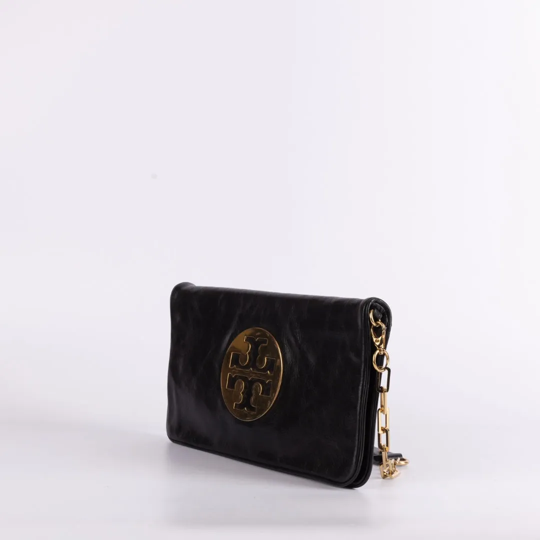 Tory Burch Black Glossy Leather Reva Chain Shoulder Bag