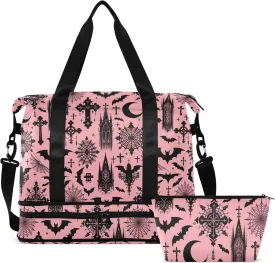 Travel Duffel Tote Bag Black Gothic Moon Spider Webs and Bats Sports Duffel Bag with Wet Pocket Weekender Overnight Bag for Women Men Gym Bag, Carry On Bag Hospital Bag for Labor and Delivery