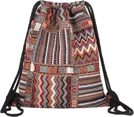 Van Caro Bohemian Drawstring Backpack Light Cinch Bag Gym Sack String Bag (Color 1)