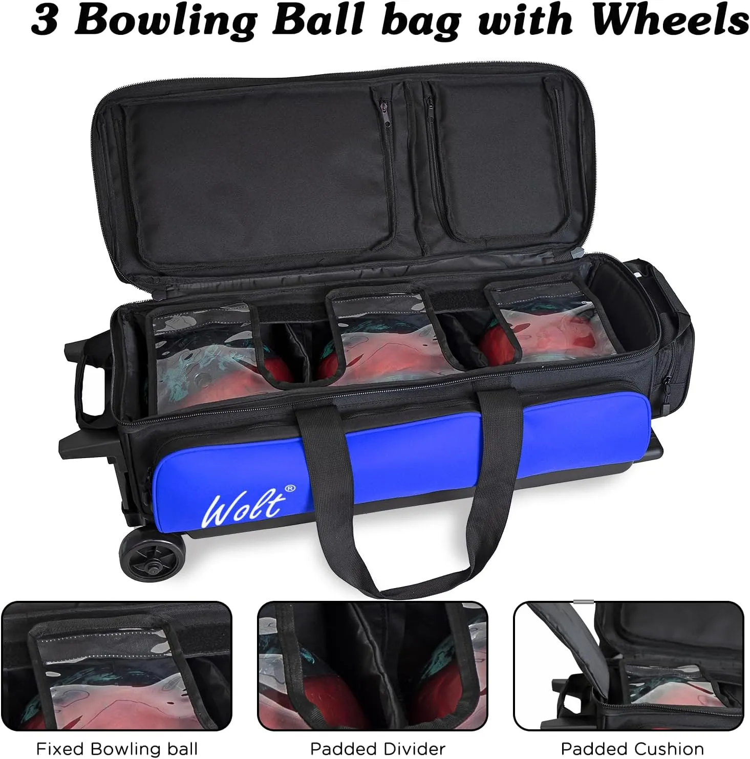 WOLT 3 Ball Bowling Bags with Wheels,Bowling Ball Bag 3 Ball Roller with Separate Shoe Compartment and Accessory Pocket, Retractable Handle Extends to 38