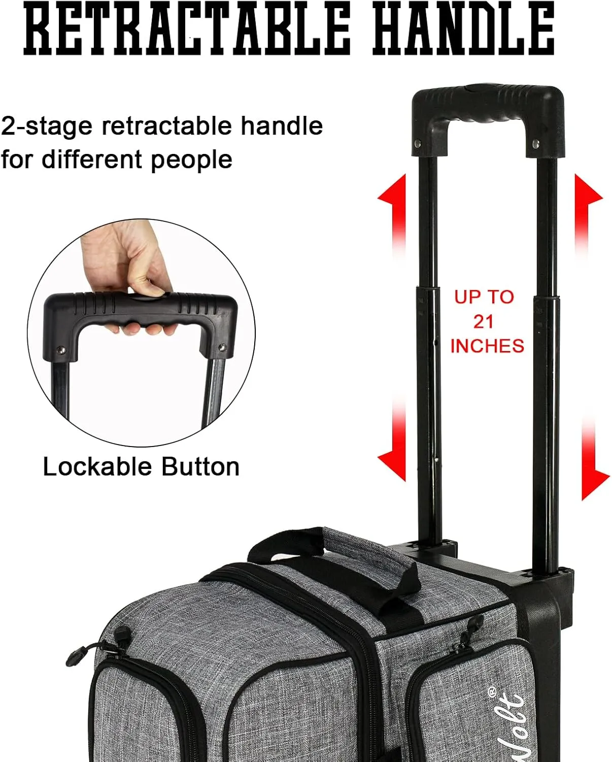 WOLT Double Roller 2 Ball Bowling Bag with Separate Shoe Compartment, Large Capacity Bowling Ball Bag with Accessory Pocket, Retractable Handle extends to 40"