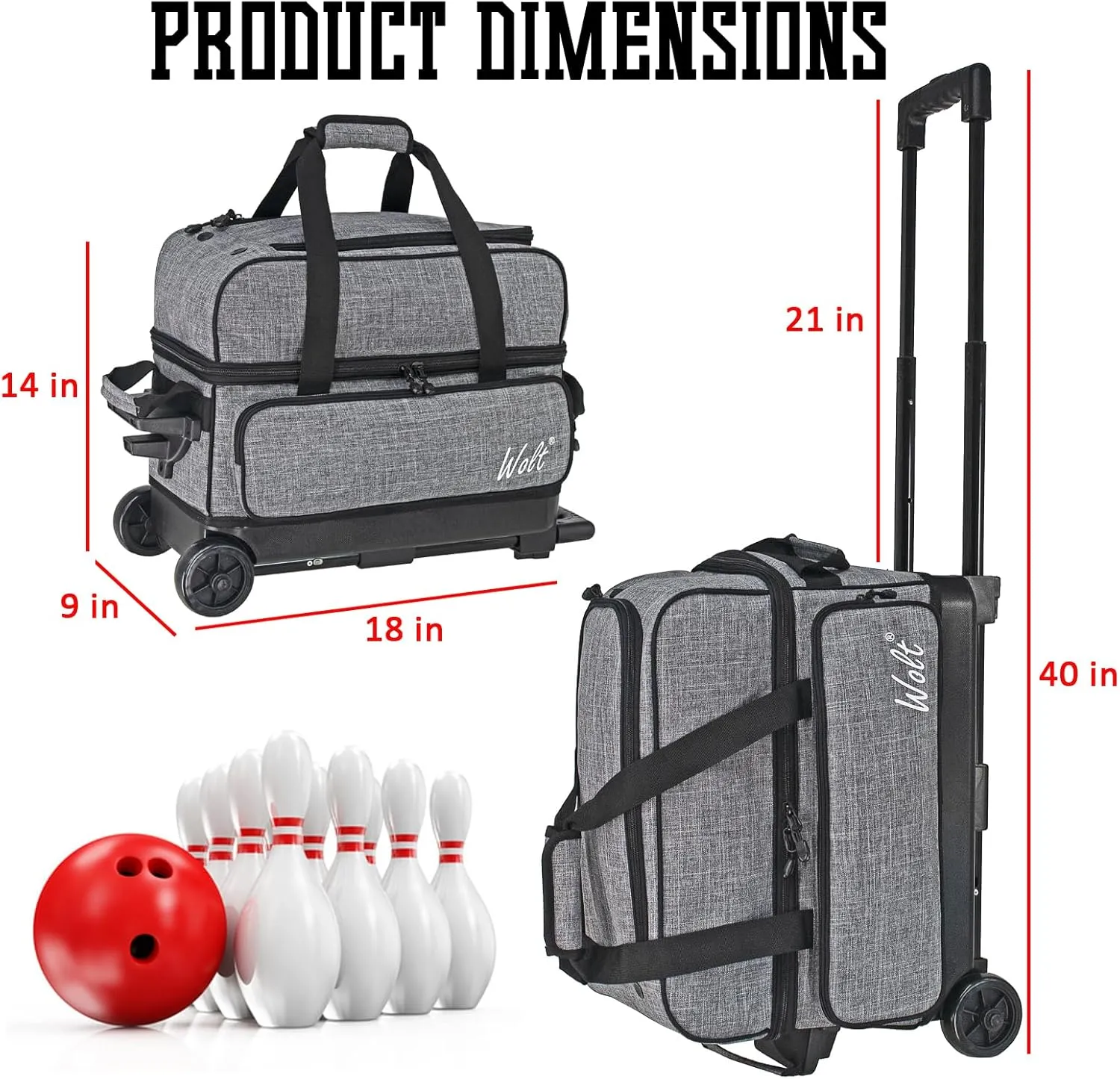 WOLT Double Roller 2 Ball Bowling Bag with Separate Shoe Compartment, Large Capacity Bowling Ball Bag with Accessory Pocket, Retractable Handle extends to 40"