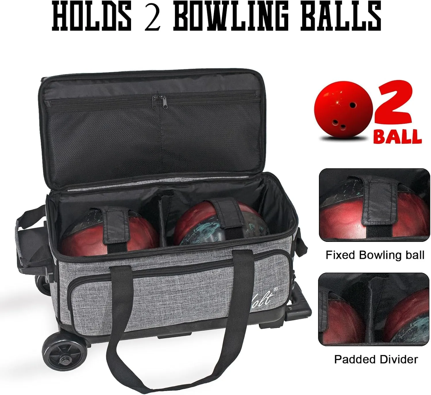 WOLT Double Roller 2 Ball Bowling Bag with Separate Shoe Compartment, Large Capacity Bowling Ball Bag with Accessory Pocket, Retractable Handle extends to 40"