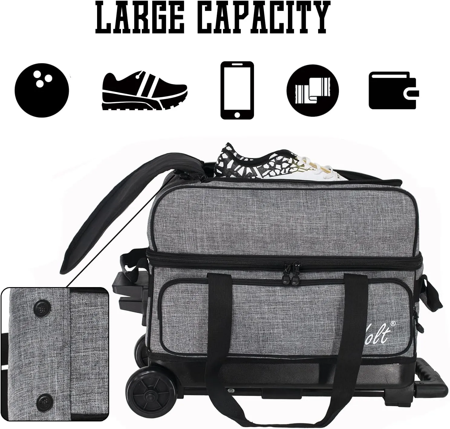 WOLT Double Roller 2 Ball Bowling Bag with Separate Shoe Compartment, Large Capacity Bowling Ball Bag with Accessory Pocket, Retractable Handle extends to 40"