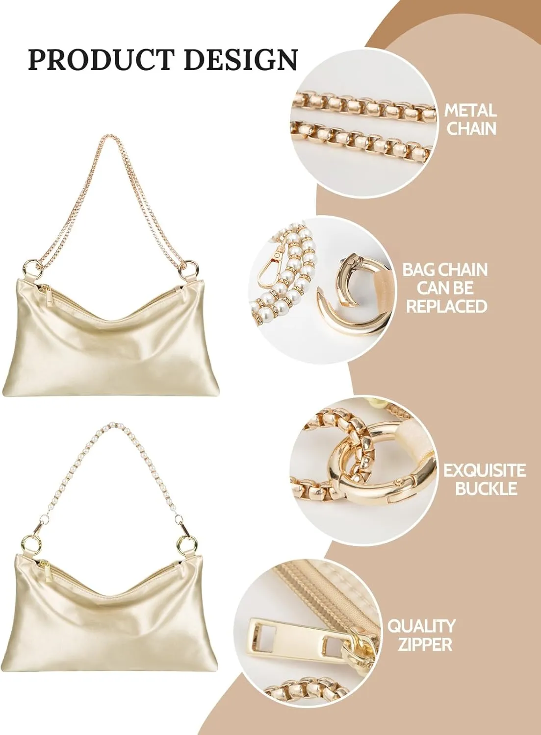 Womens Satin Evening Bag Clutch Purse Handbag for Women Wedding Shoulder Bag with 2 Chains for Formal Cocktail Party