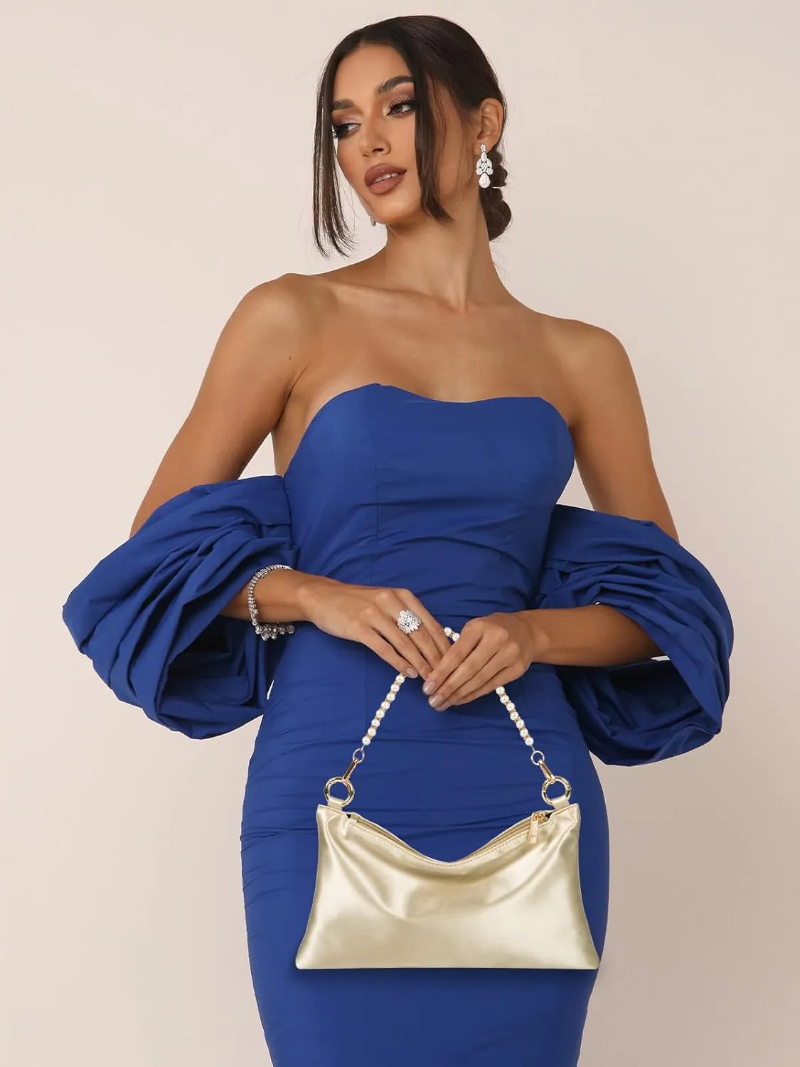 Womens Satin Evening Bag Clutch Purse Handbag for Women Wedding Shoulder Bag with 2 Chains for Formal Cocktail Party